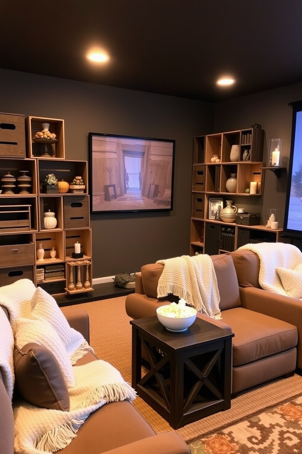 A cozy home theater designed for Thanksgiving gatherings. The space features rustic wooden crates used for storage and decor, arranged strategically around the room to enhance the inviting atmosphere. Soft, warm lighting creates a welcoming ambiance, while plush seating is adorned with seasonal throw blankets. Decorative elements include autumn-themed accents and popcorn bowls, perfect for enjoying a movie night with family and friends.