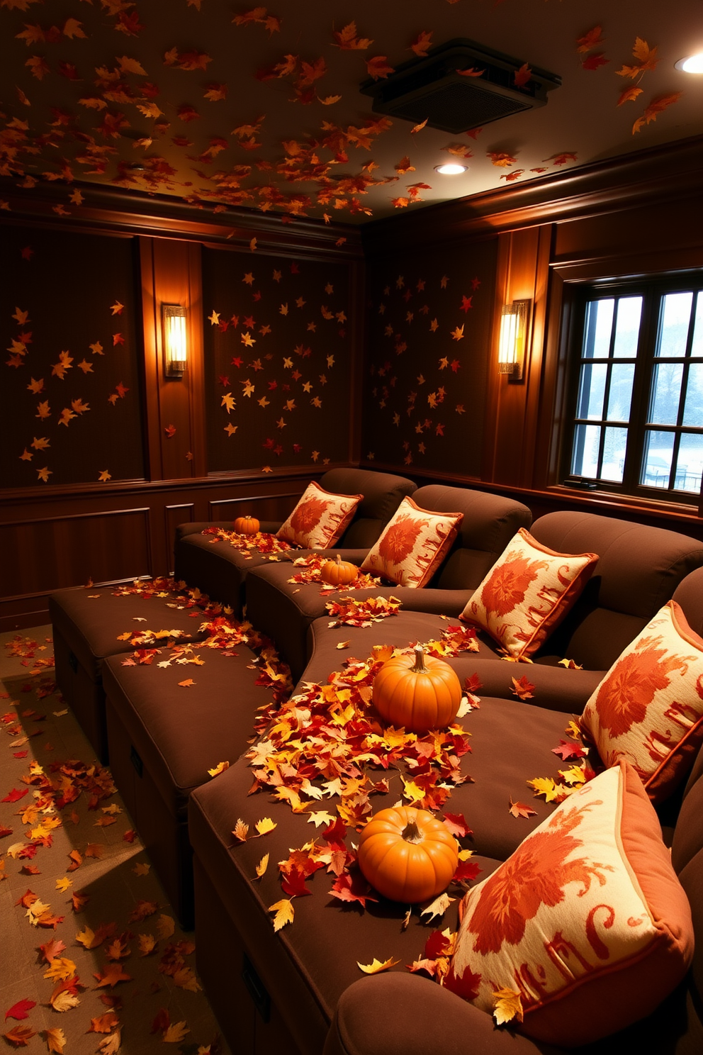 A cozy home theater adorned with colorful fall leaves scattered across the plush seating and wooden surfaces. Warm lighting creates an inviting atmosphere, while decorative pumpkins and autumn-themed cushions enhance the Thanksgiving spirit.