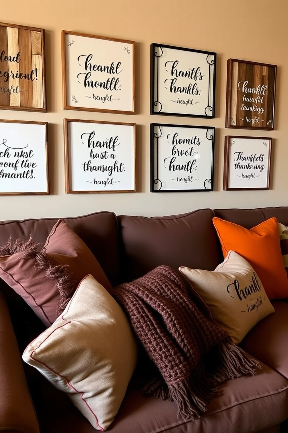 Thankful quotes displayed in stylish frames adorn the walls of a cozy home theater. The frames feature a mix of rustic wood and sleek metal finishes, creating an inviting atmosphere for family gatherings. Thanksgiving-themed decorations enhance the warmth of the space. Plush cushions in autumnal colors are scattered on a comfortable sectional sofa, while a rich, textured throw blanket drapes over the armrest.