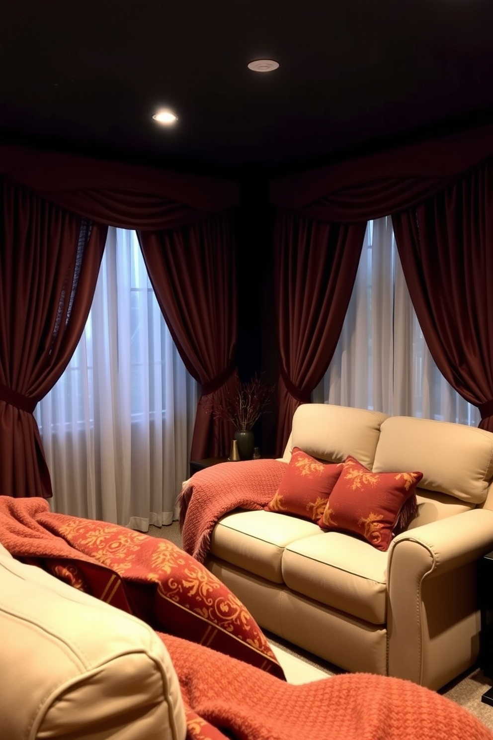 A cozy home theater adorned with autumn-colored curtains that gently frame the windows, creating a warm and inviting atmosphere. Plush seating is arranged for comfort, with soft throw blankets and decorative pillows in rich fall hues to enhance the seasonal theme.