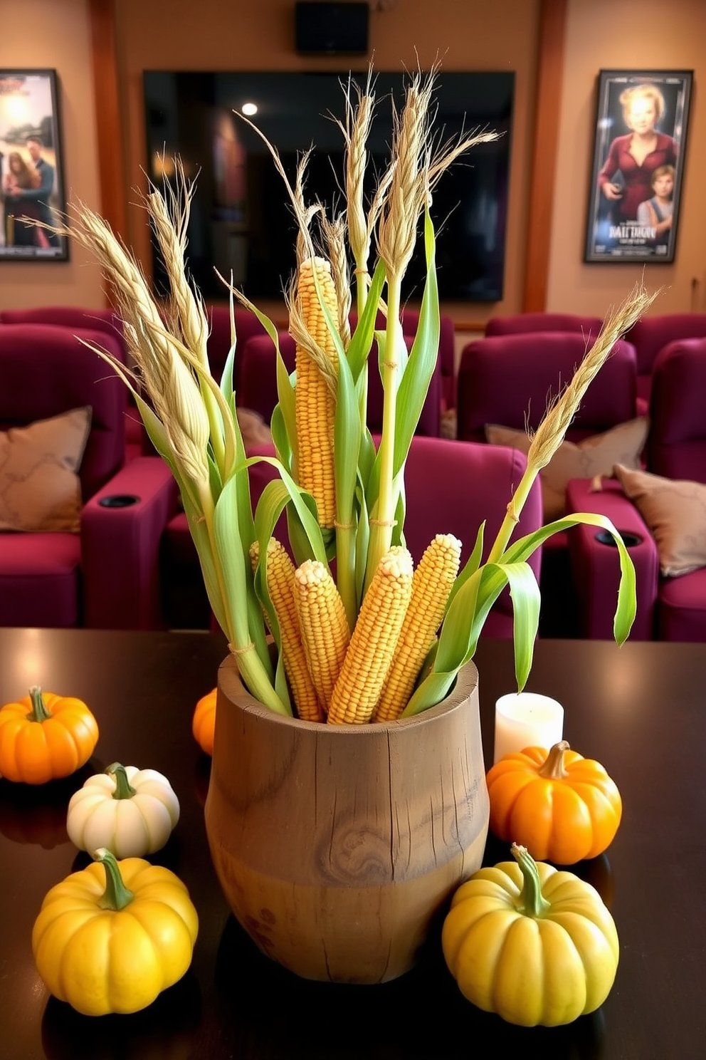 Miniature corn stalks are arranged in a rustic wooden vase, adding a touch of autumn charm to the table. Surrounding the vase are small pumpkins and candles, creating a warm and inviting atmosphere for Thanksgiving. The home theater features plush seating in rich burgundy, enhancing the cozy ambiance. Walls are adorned with framed movie posters and soft lighting, making it the perfect space for family movie nights.