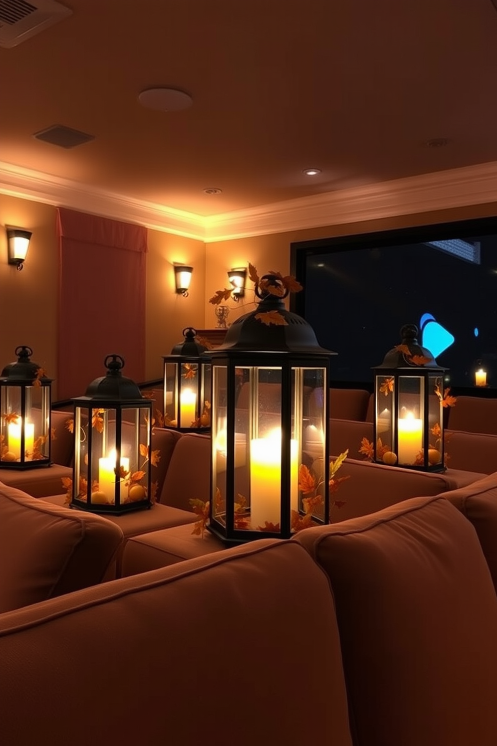 Decorative lanterns adorned with autumn leaves and miniature pumpkins create a warm and inviting atmosphere in the home theater. Soft, flickering candlelight from within the lanterns casts a cozy glow, enhancing the seasonal ambiance. Plush seating arranged in a semi-circle invites family and friends to gather for movie nights. Rich, earthy tones in the decor complement the festive lanterns, making the space feel both elegant and festive for Thanksgiving celebrations.