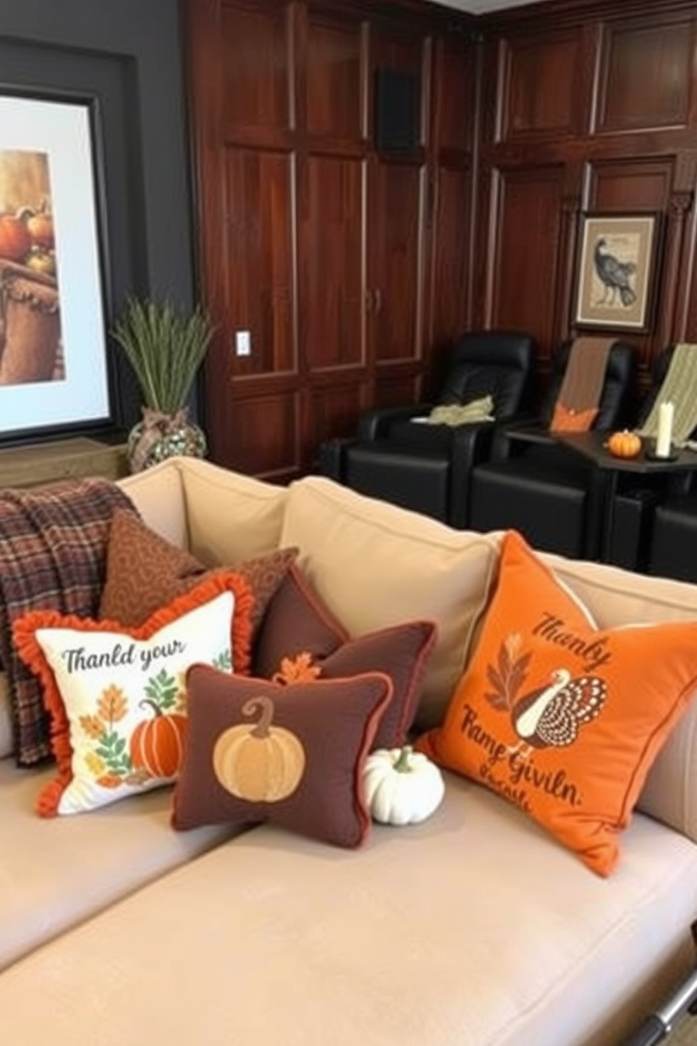 Thanksgiving themed throw pillows are arranged on a cozy sectional sofa in warm autumn colors. The pillows feature various designs including pumpkins, leaves, and turkeys, adding a festive touch to the living space. In the home theater, rich, dark wood paneling creates an inviting atmosphere. Plush seating is adorned with complementary throw blankets, and decorative elements like mini pumpkins and candles enhance the Thanksgiving theme.