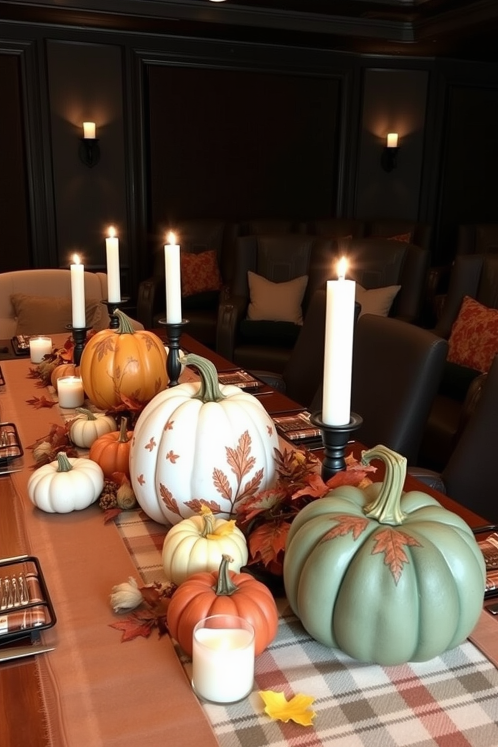 Hand-painted pumpkins in various sizes and colors are arranged as table centerpieces, surrounded by autumn leaves and candles for a warm ambiance. The table is set with rustic tableware and a soft plaid tablecloth to enhance the cozy Thanksgiving atmosphere. A home theater designed with plush seating and rich, dark colors creates an inviting space for movie nights. Wall sconces provide soft lighting, while soundproofing elements ensure an immersive viewing experience.