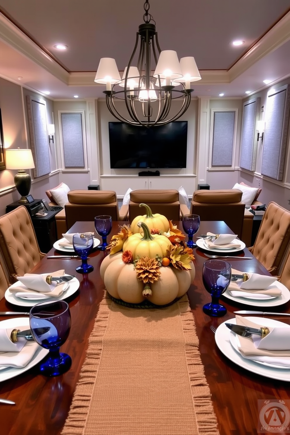 A warm and inviting Thanksgiving table setting featuring a beautiful pumpkin and gourd centerpiece. The table is adorned with a rustic table runner and surrounded by elegant place settings that complement the autumn theme. A cozy home theater designed for relaxation and entertainment. Plush seating is arranged for optimal viewing, with soft lighting and acoustic panels enhancing the cinematic experience.