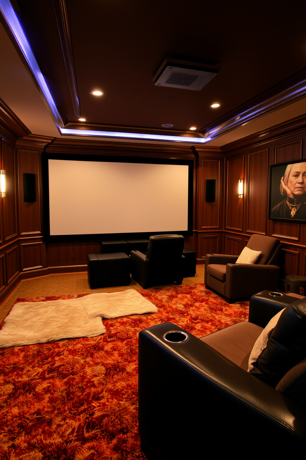 A cozy home theater featuring soft plush rugs in warm earth tones creates an inviting atmosphere. The walls are adorned with rich wood paneling, and comfortable seating options are arranged for optimal viewing.