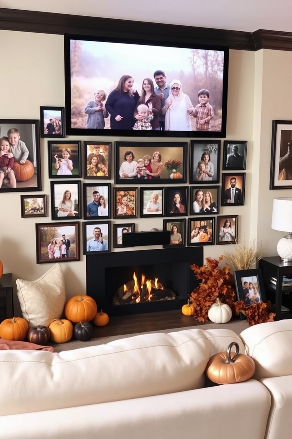 A cozy home theater adorned with a family photo wall showcasing cherished memories from past Thanksgivings. The wall features a collection of framed pictures in warm autumn tones, surrounded by decorative elements like pumpkins and fall leaves.