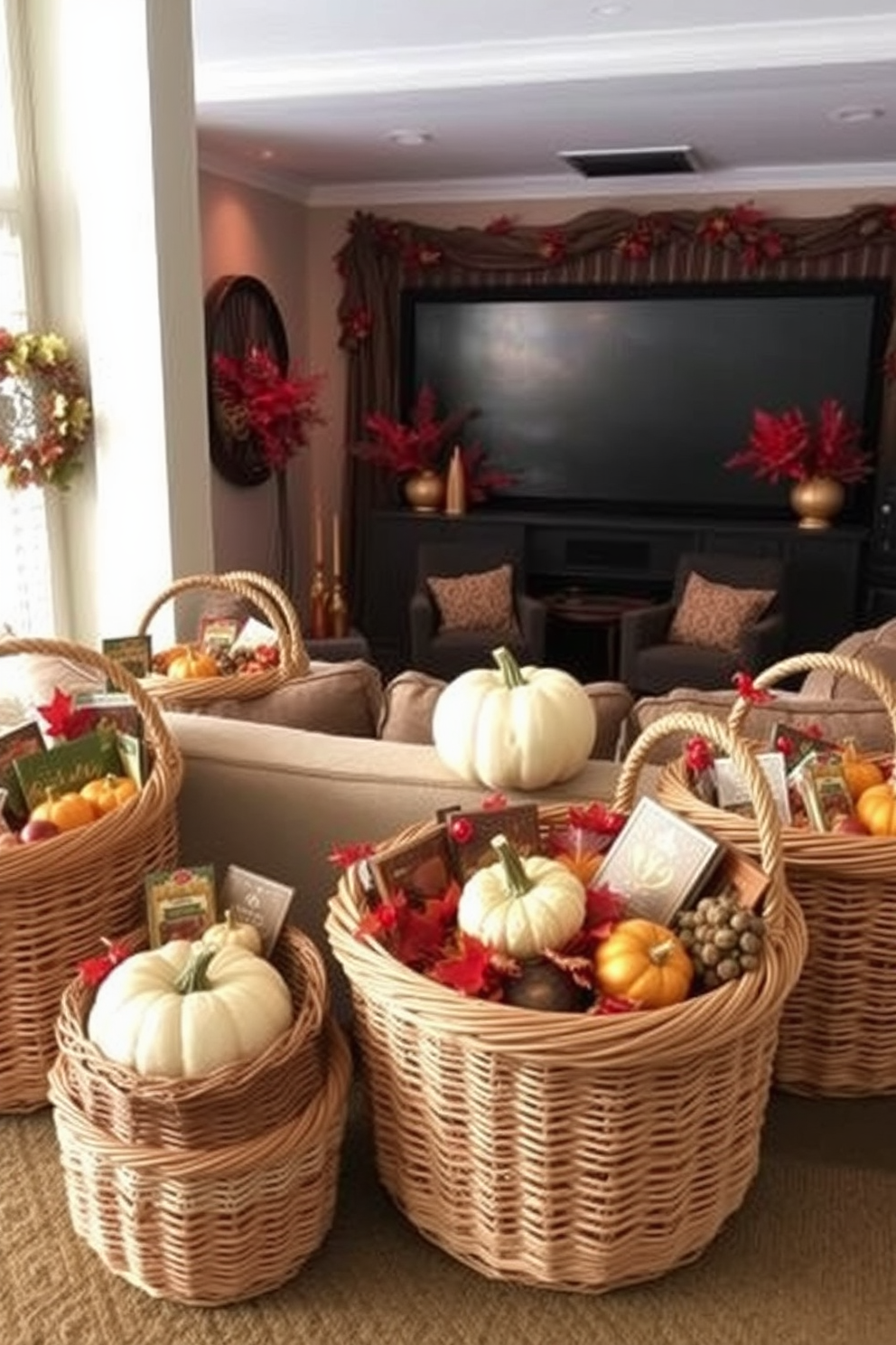 Woven baskets filled with seasonal goodies create a warm and inviting atmosphere perfect for Thanksgiving celebrations. The baskets are artfully arranged around a cozy home theater space, enhancing the festive mood with colorful autumn decorations. The home theater features plush seating and soft lighting to create a comfortable viewing experience. Decorative elements such as pumpkins and autumn leaves complement the woven baskets, tying the theme together beautifully.