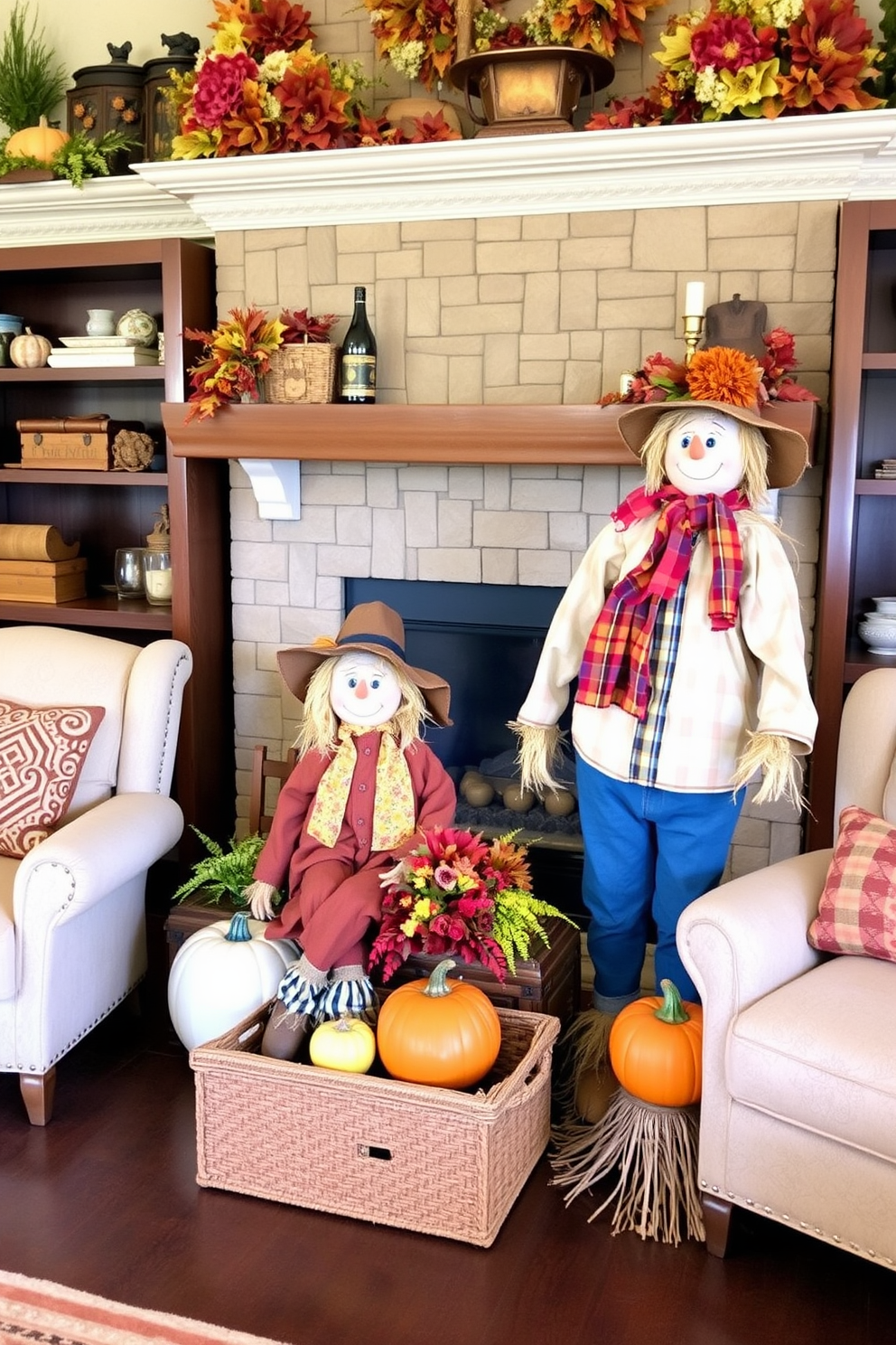 Charming scarecrow figures are placed strategically throughout the home theater, adding a festive touch to the autumn decor. The figures are adorned with colorful fabrics and accessories, creating a warm and inviting atmosphere for Thanksgiving gatherings.