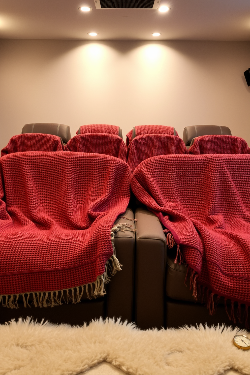 A cozy home theater setting adorned with textured blankets in warm colors creates an inviting atmosphere. Plush seating is arranged for optimal viewing, and soft lighting enhances the comfort of the space.