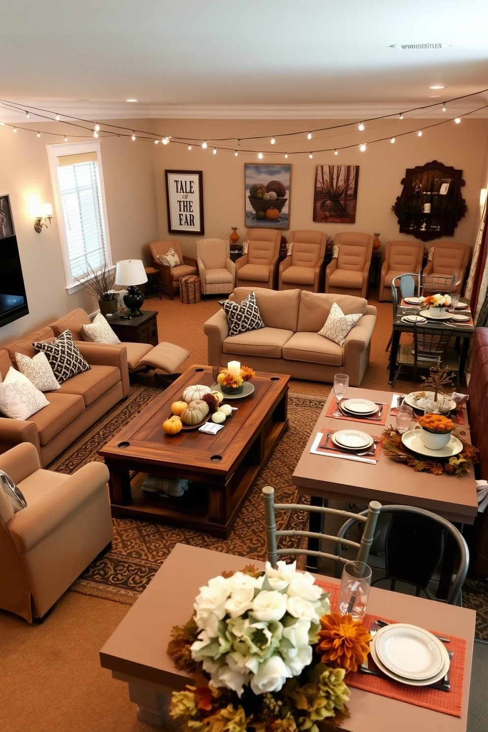 A cozy Thanksgiving gathering space features a large sectional sofa in a warm neutral tone, surrounded by plush armchairs that invite conversation. A rustic wooden coffee table sits at the center, adorned with seasonal decorations like pumpkins and candles, creating an inviting atmosphere. For a home theater, imagine a comfortable arrangement of reclining seats with built-in cup holders, positioned for optimal viewing of a large screen. Soft ambient lighting enhances the experience, while soundproofing elements ensure an immersive cinematic environment. Decorating ideas for gatherings include a long dining table set with elegant tableware and seasonal centerpieces, surrounded by mismatched chairs for a charming touch. String lights overhead add a warm glow, making the space feel festive and welcoming.