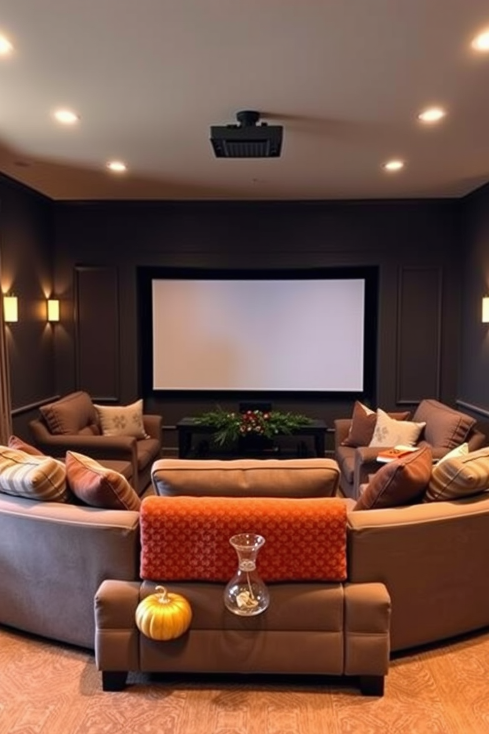 A cozy home theater designed for Thanksgiving gatherings. Plush seating arranged in a semi-circle faces a large screen, with warm lighting creating an inviting atmosphere. Decorative elements include autumn-themed throw pillows and a festive garland draped across the front of the screen. Aromatic potpourri fills the room with a delightful scent, enhancing the cozy ambiance.