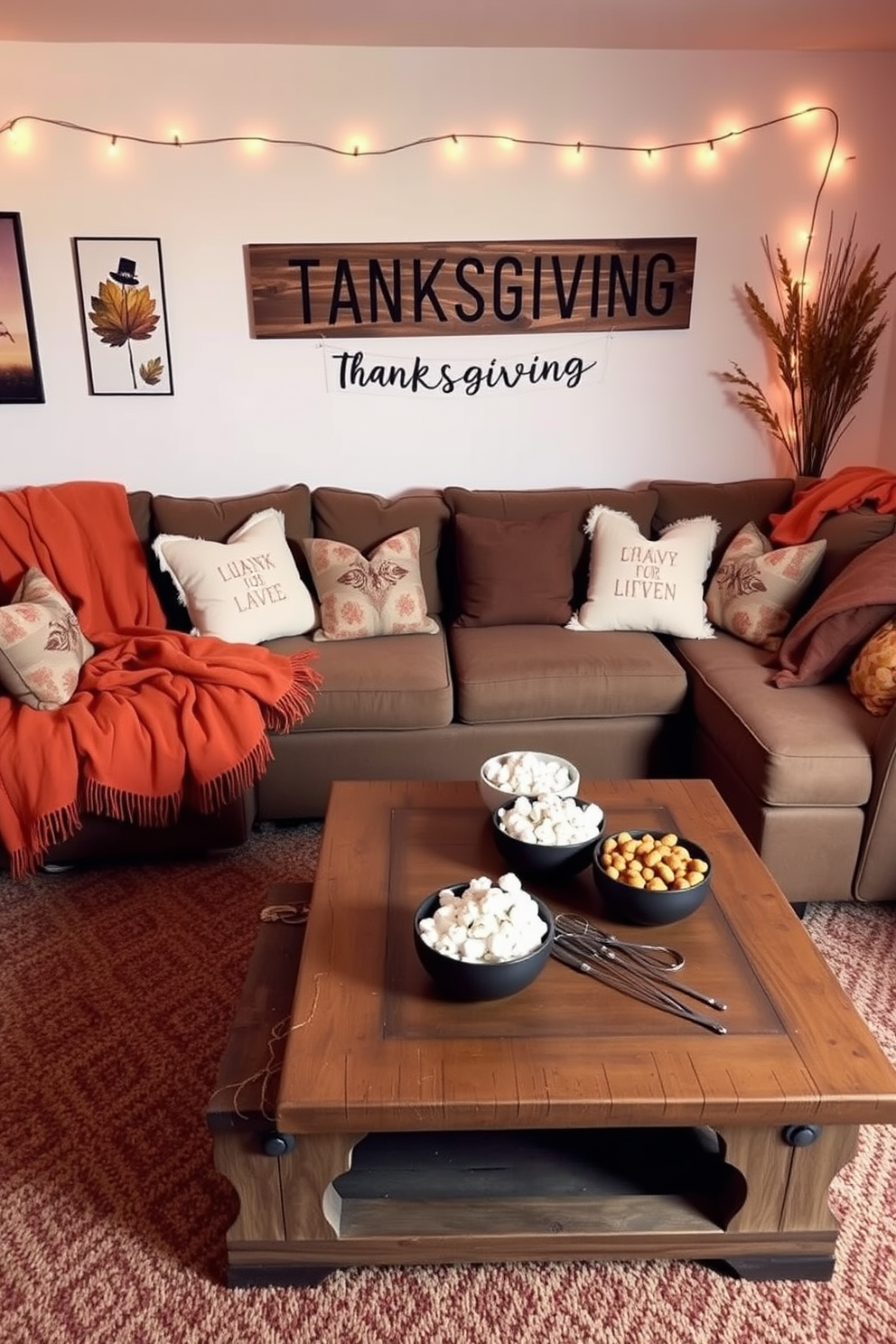 A cozy home theater setup for a Thanksgiving-themed movie marathon. The room features a large sectional sofa adorned with warm-toned throw blankets and plush cushions. In front of the sofa, a rustic wooden coffee table is set with popcorn bowls and seasonal snacks. The walls are decorated with autumn-themed artwork and string lights, creating a warm and inviting atmosphere.