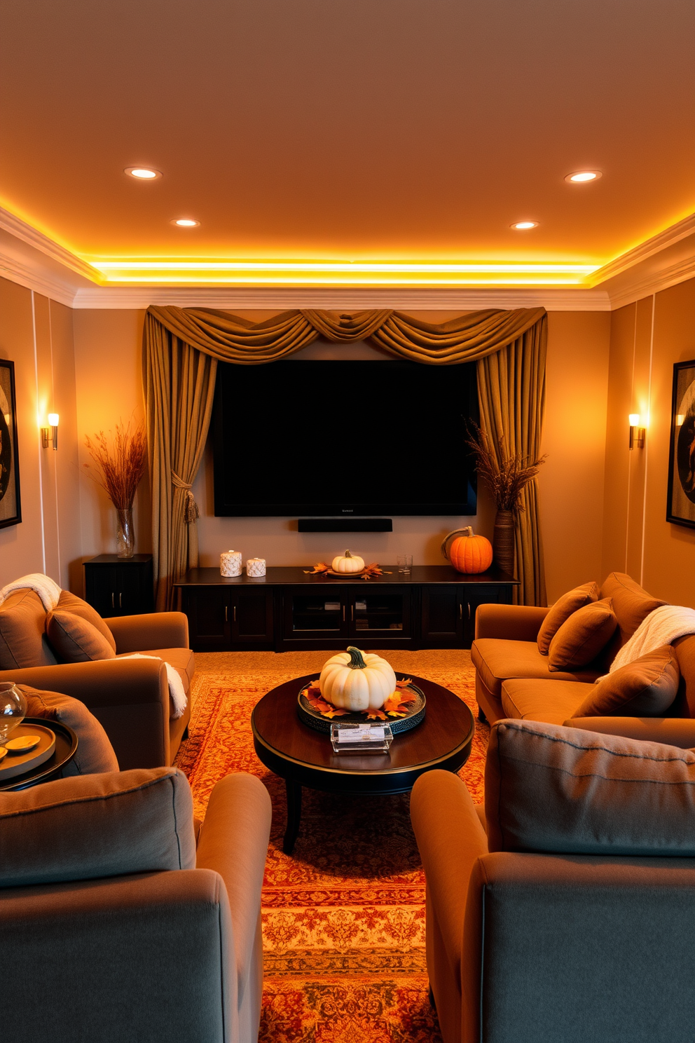 A warm and inviting home theater space designed for Thanksgiving gatherings. The room features plush seating arrangements with rich, earthy tones and soft throw blankets. Warm amber lighting casts a glow over the space, enhancing the cozy atmosphere. A large screen is framed by elegant drapery, and seasonal decorations like pumpkins and autumn leaves adorn the shelves.