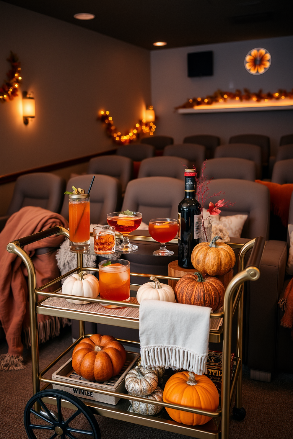 A stylish bar cart is adorned with autumn-inspired drinks, featuring a selection of rich amber cocktails and seasonal garnishes. The cart is set against a backdrop of warm-toned decor, with cozy throw blankets and decorative pumpkins enhancing the festive atmosphere. The home theater is decorated with plush seating and soft ambient lighting, creating an inviting space for gatherings. Autumn-themed accents, such as leaf garlands and warm-hued cushions, add a seasonal touch to the cinematic experience.