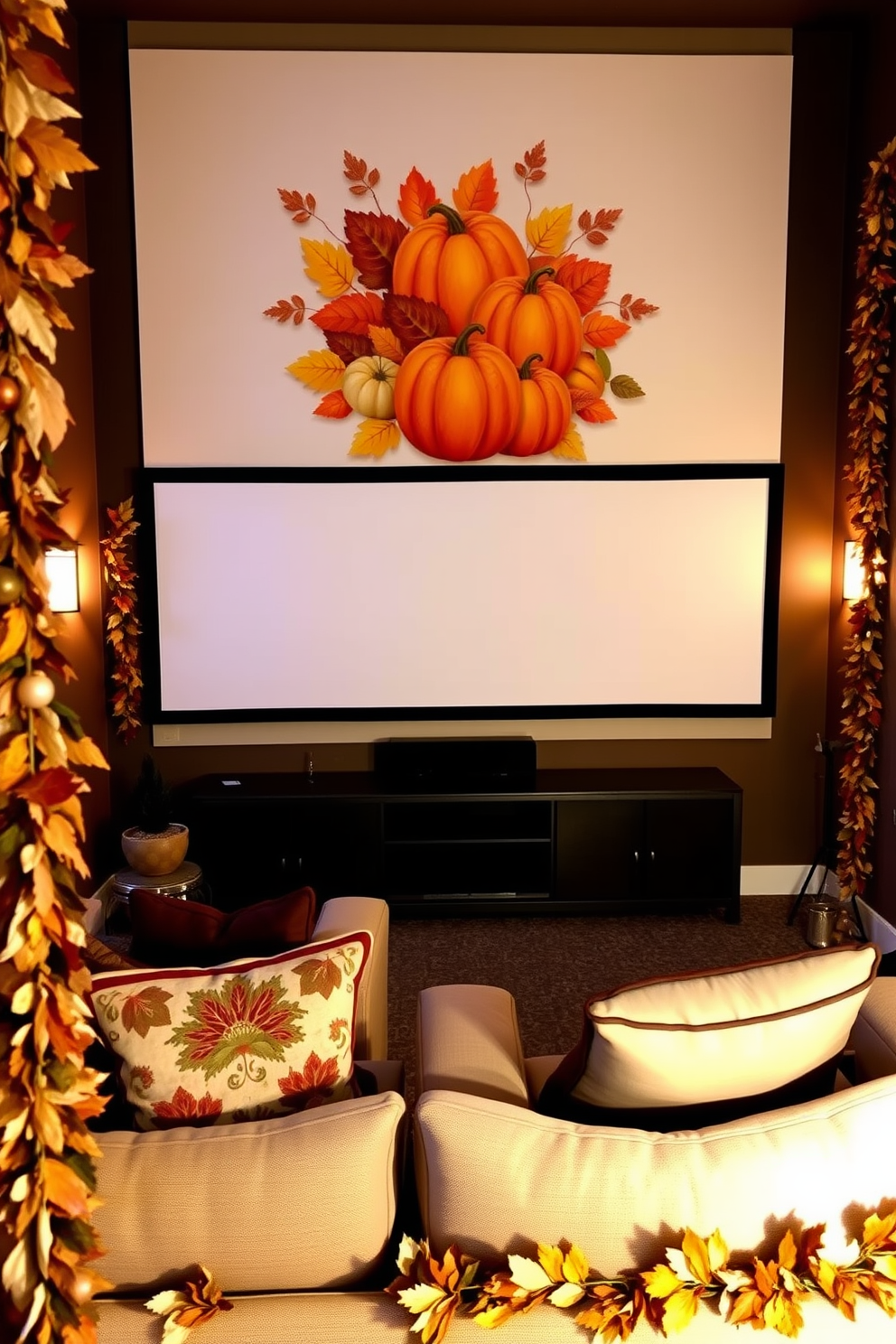 Harvest themed wall art featuring warm autumn colors with pumpkins and leaves creating a cozy atmosphere. Soft lighting complements the decorations, enhancing the festive spirit of Thanksgiving. A home theater designed with plush seating and rich, earthy tones to evoke a sense of comfort. Decorative elements include themed cushions and a large screen framed by garlands of autumn foliage.