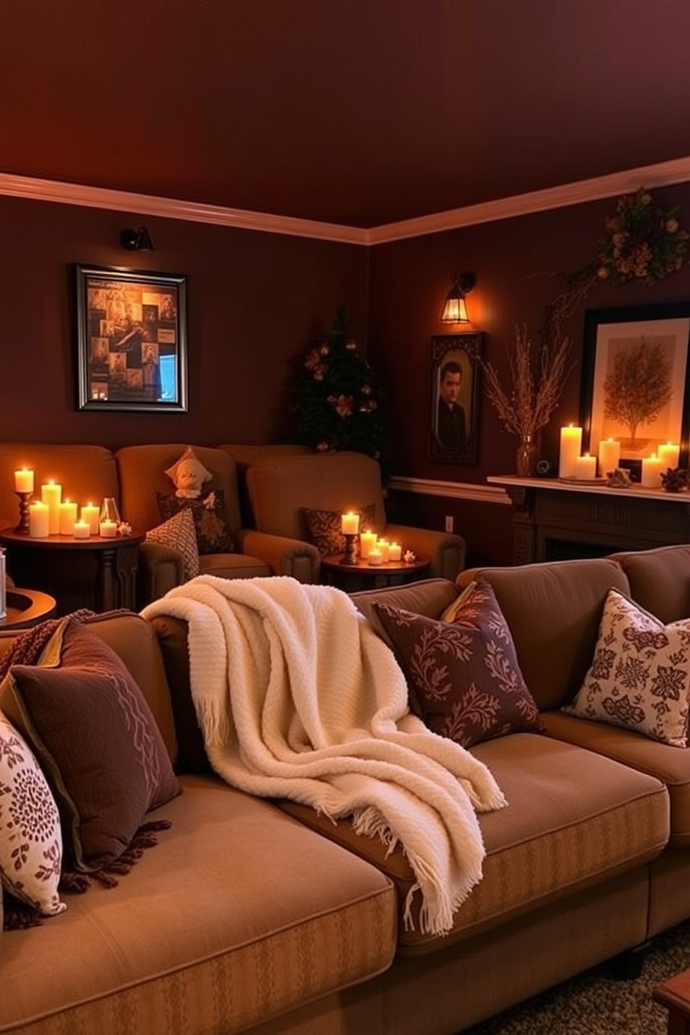 A cozy home theater setting filled with the warm glow of cinnamon-scented candles. Plush seating arrangements invite relaxation while autumn-themed decorations enhance the festive atmosphere. Rich, deep colors adorn the walls, creating an intimate space for gatherings. Soft blankets and decorative pillows add comfort, making it the perfect spot for Thanksgiving movie marathons.