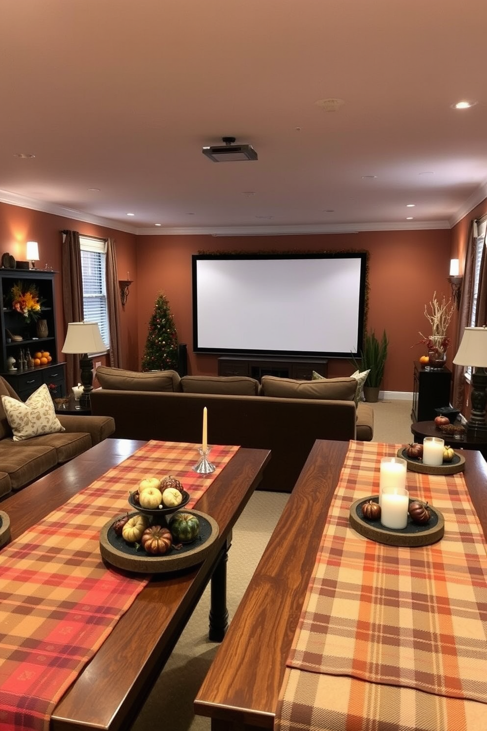 A cozy home theater adorned with plaid table runners that bring a rustic touch to the space. The seating area features plush couches and a large screen, with warm lighting creating an inviting atmosphere. Thanksgiving decorations are tastefully arranged throughout the room, including autumn-themed centerpieces and candles. The walls are painted in a warm, earthy tone, complementing the overall rustic aesthetic.