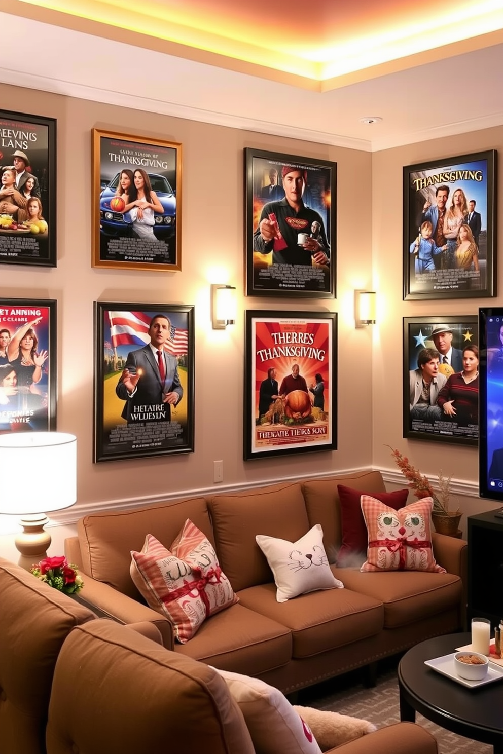 Seasonal movie poster displays on walls create a festive atmosphere in the home theater. The walls are adorned with vibrant posters featuring classic Thanksgiving films, surrounded by warm lighting and cozy accents.