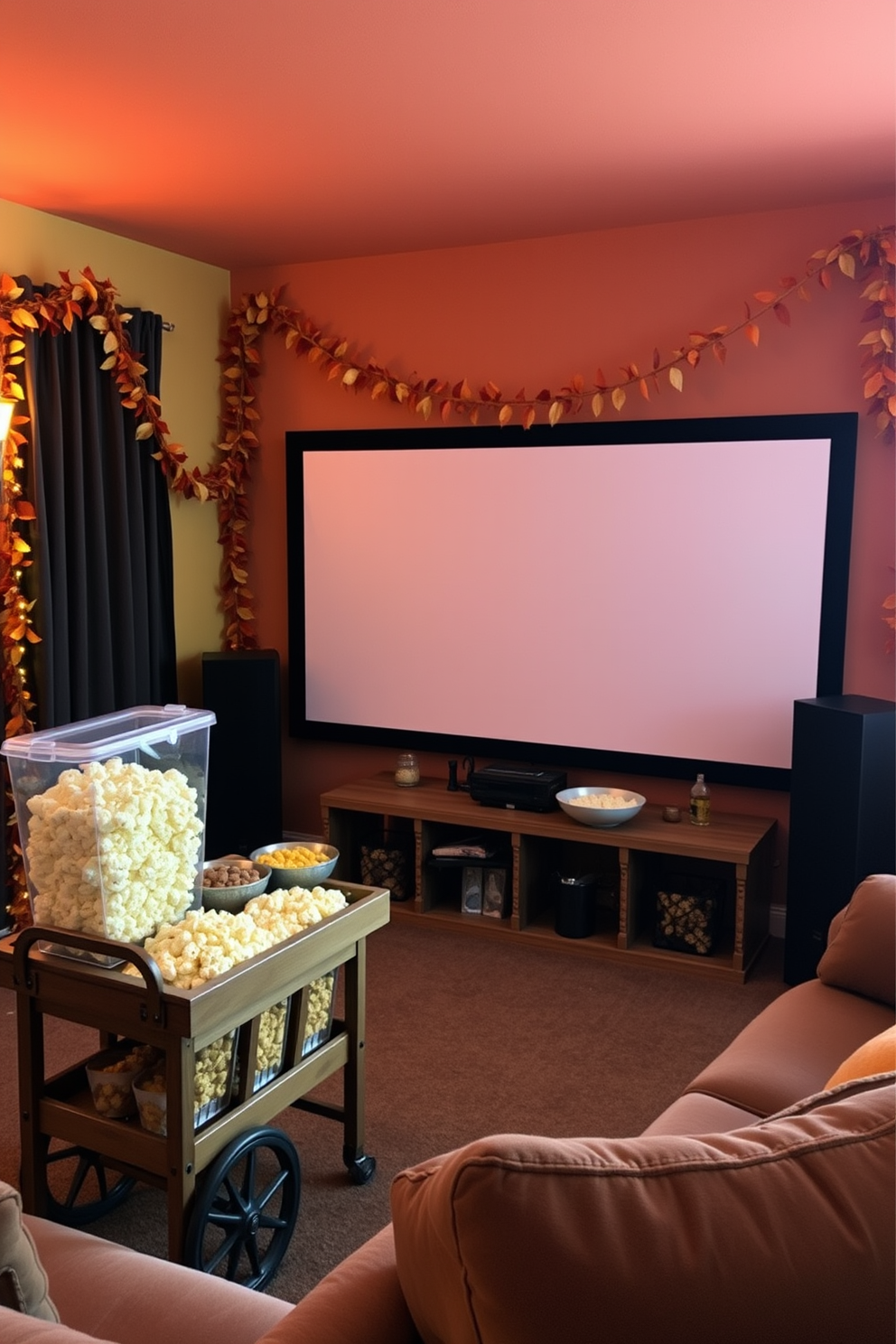 A cozy home theater setting designed for Thanksgiving. The walls are adorned with warm autumn colors, and a large screen is framed by garlands of fall leaves. A popcorn and snack bar is set up in the corner, featuring a wooden cart with various bowls of popcorn and seasonal snacks. Soft lighting creates an inviting atmosphere, and plush seating is arranged for comfort.