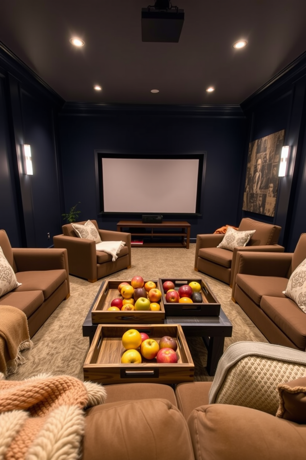 A cozy home theater featuring plush seating arranged in a semi-circle facing a large screen. The walls are painted in a deep navy blue, and soft ambient lighting creates an inviting atmosphere. Wooden trays filled with seasonal fruits are artfully displayed on a rustic coffee table. The room is accented with warm throw blankets and decorative pillows to enhance comfort during movie nights.