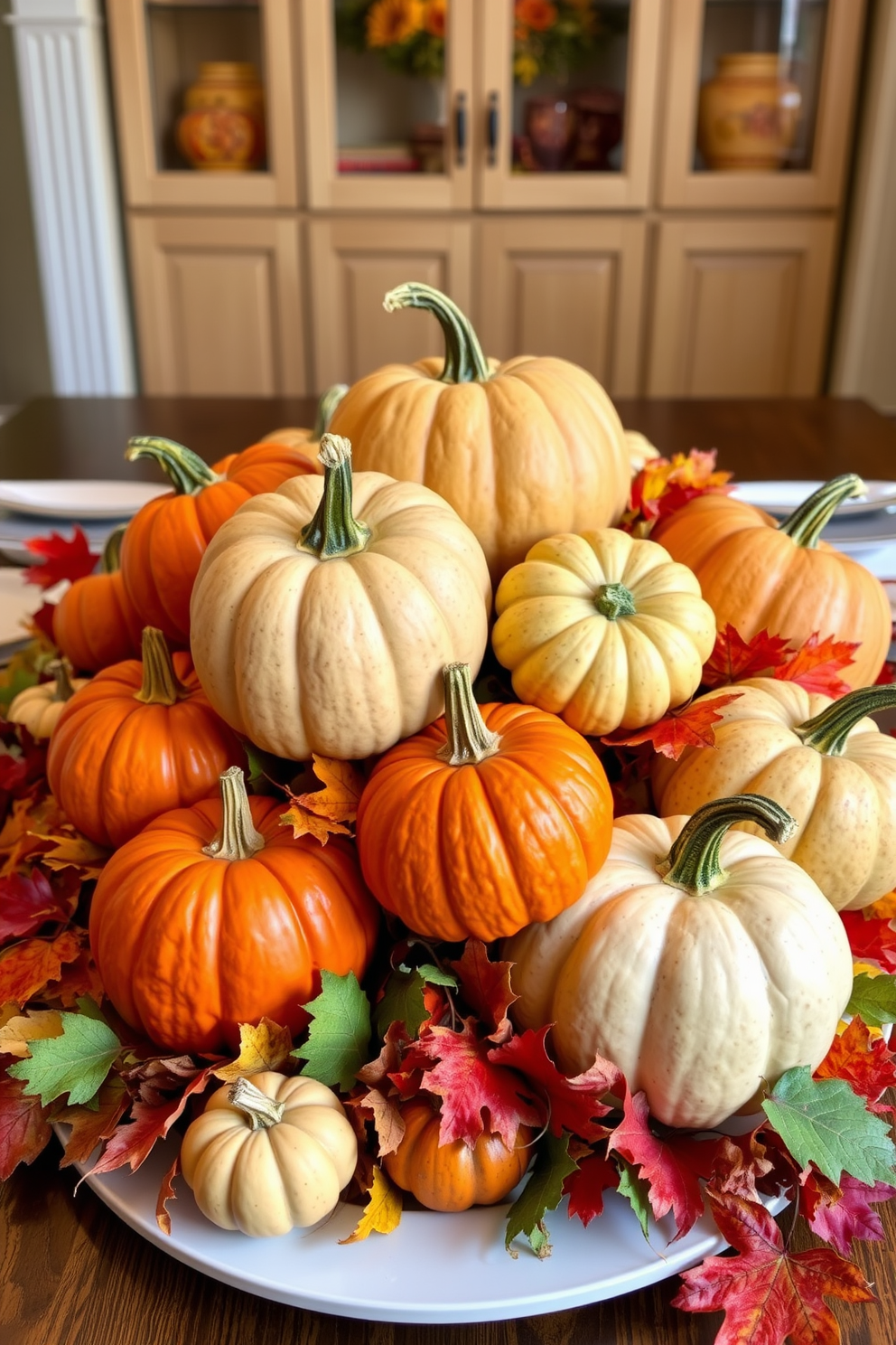 A stunning autumn-themed table centerpiece featuring a collection of pumpkins in various sizes and colors. Surrounding the pumpkins are vibrant fall leaves and small gourds, creating a warm and inviting atmosphere for Thanksgiving.