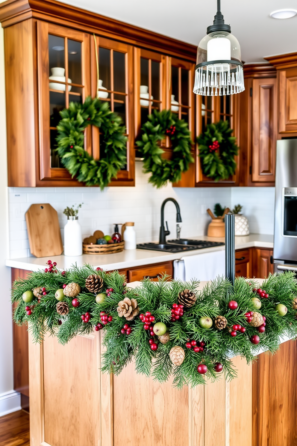 A festive kitchen adorned with a pinecone and berry garland draped elegantly along the counter. The warm tones of the garland complement the rustic wooden cabinetry and the inviting atmosphere of the space.