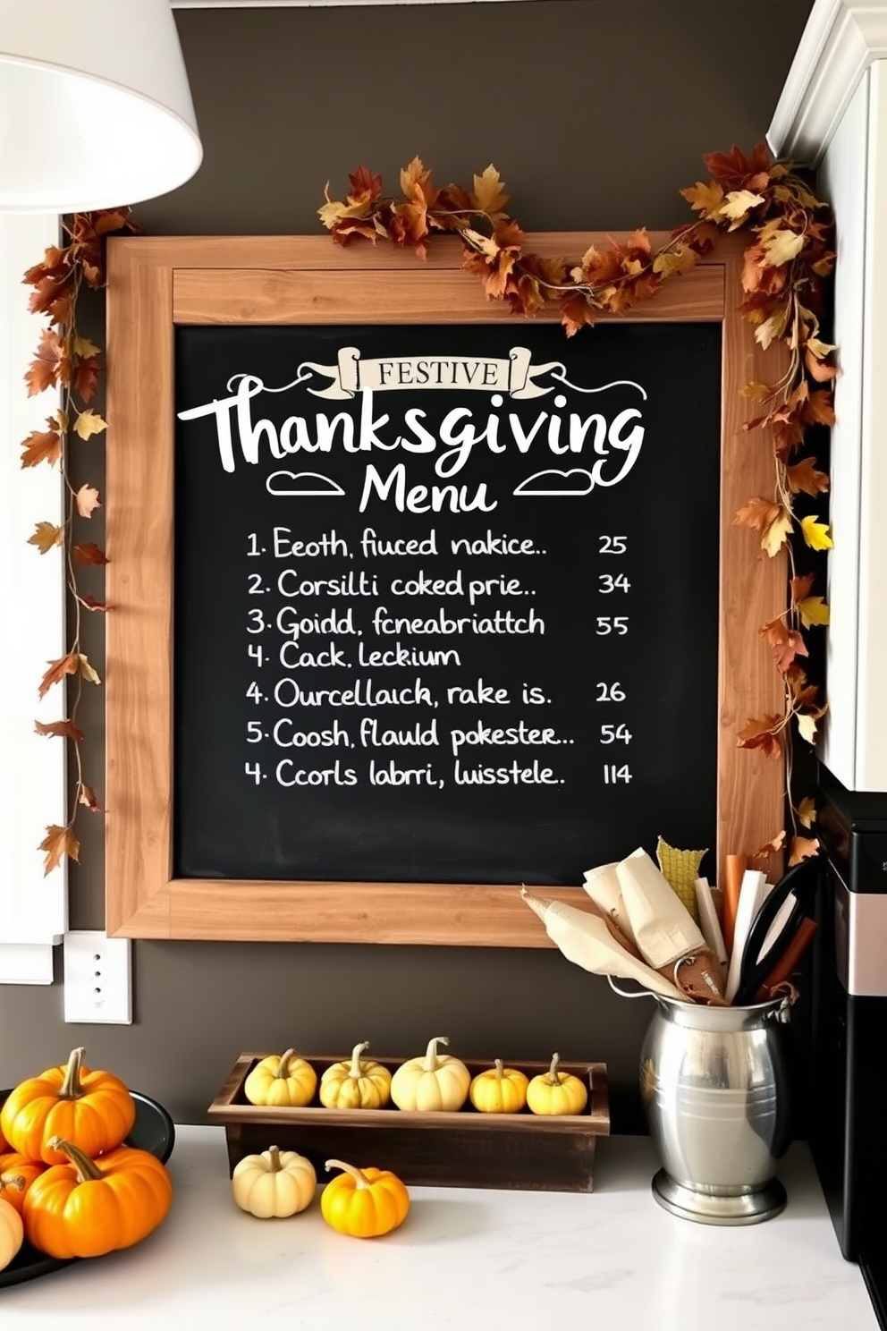 A charming kitchen setting featuring a large chalkboard displaying a festive Thanksgiving menu. The chalkboard is framed in rustic wood and surrounded by autumn-themed decorations such as mini pumpkins and garlands of dried leaves.