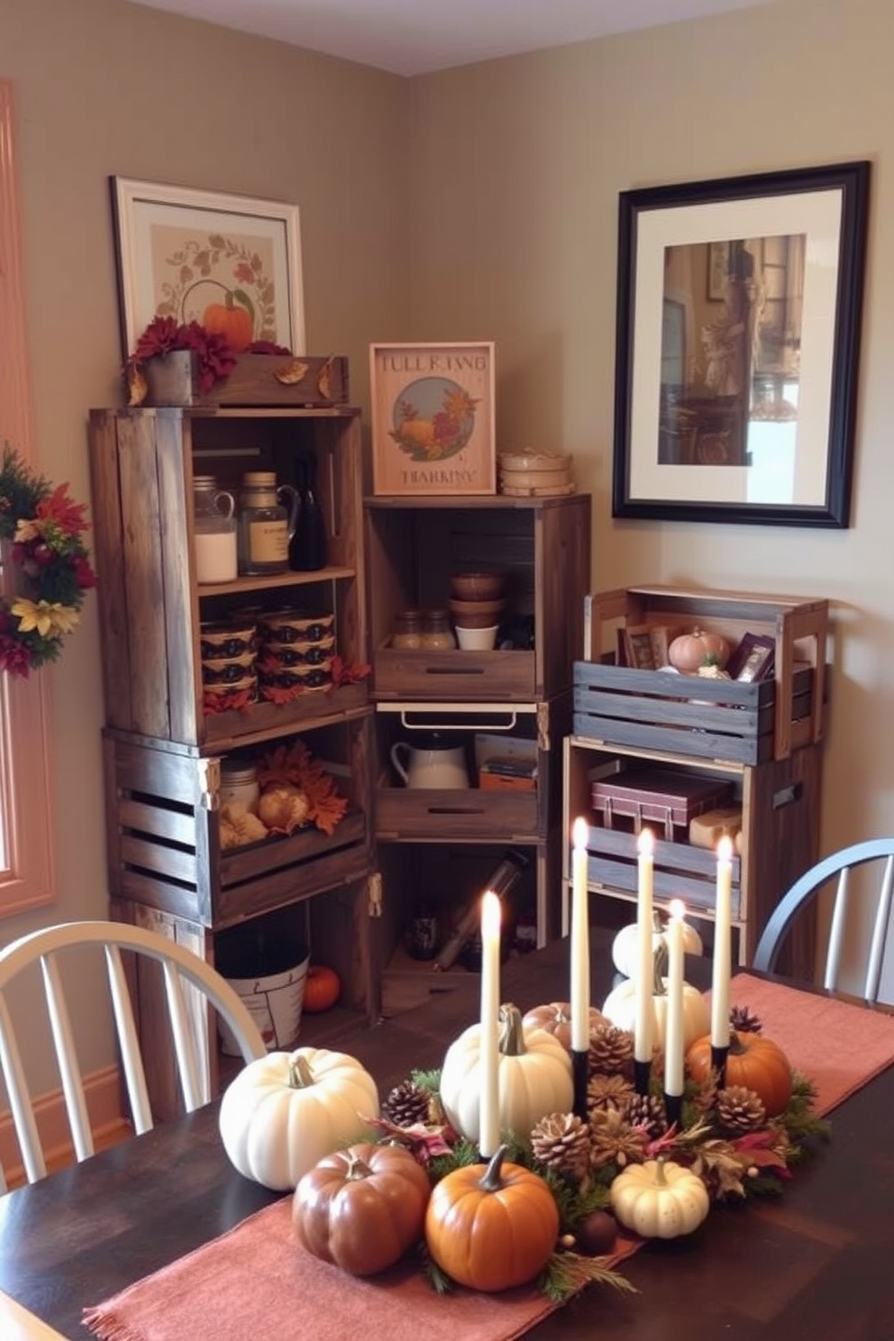 A cozy kitchen setting featuring wooden crates used for storing various kitchen items. The crates are stacked in a corner, displaying seasonal decorations and adding a rustic charm to the Thanksgiving theme. The walls are adorned with autumn-themed artwork, and a festive table centerpiece includes pumpkins and candles. Warm lighting enhances the inviting atmosphere, making it perfect for family gatherings during the holiday season.