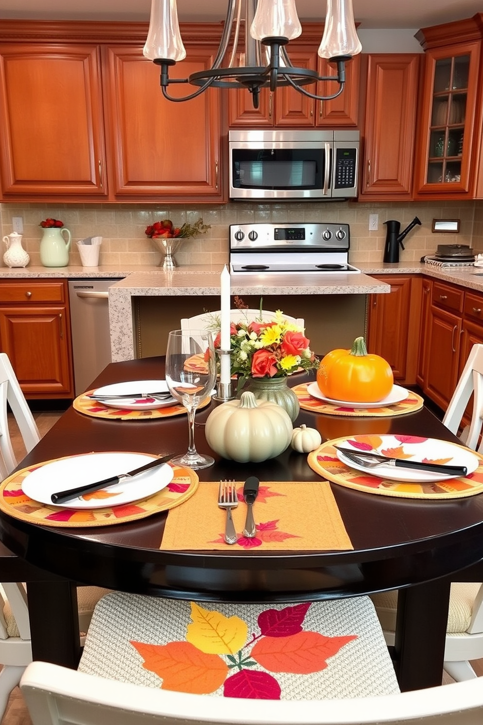 A warm and inviting kitchen setting for Thanksgiving. The table is adorned with vibrant fall-colored placemats that add a cheerful touch to the dining experience.