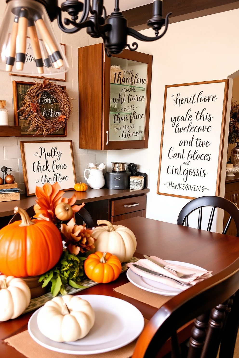 Cute signs with Thanksgiving quotes. The signs feature warm autumn colors and charming typography, perfect for a cozy kitchen ambiance. Thanksgiving Kitchen Decorating Ideas. The kitchen is adorned with seasonal decor, including pumpkins, gourds, and festive table settings that create a welcoming atmosphere.