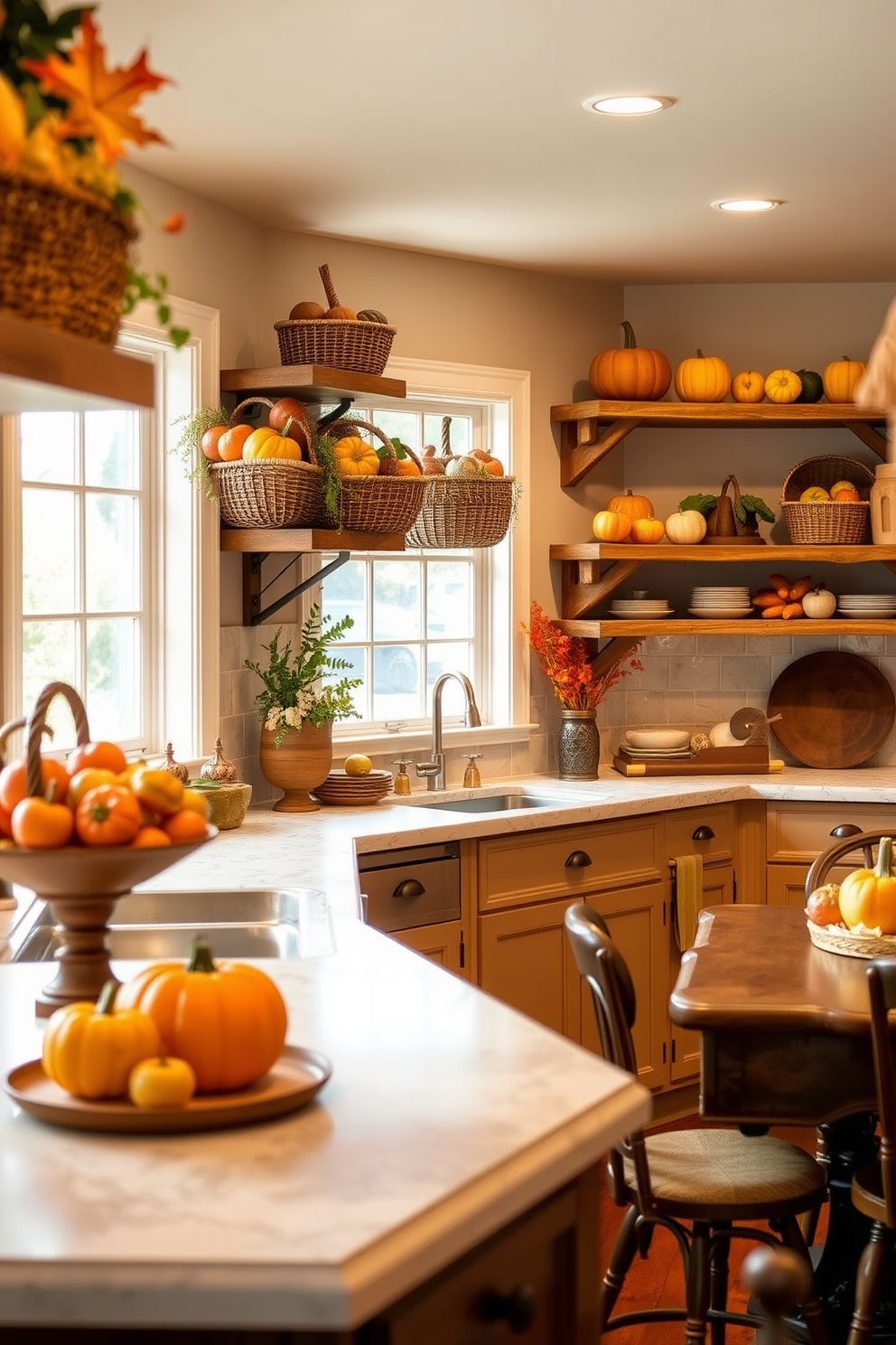 A warm and inviting kitchen adorned for Thanksgiving features rustic wooden shelves lined with baskets filled with colorful gourds and shiny apples. The countertops are decorated with autumn-themed accents, and a cozy table is set nearby, inviting family and friends to gather and celebrate.