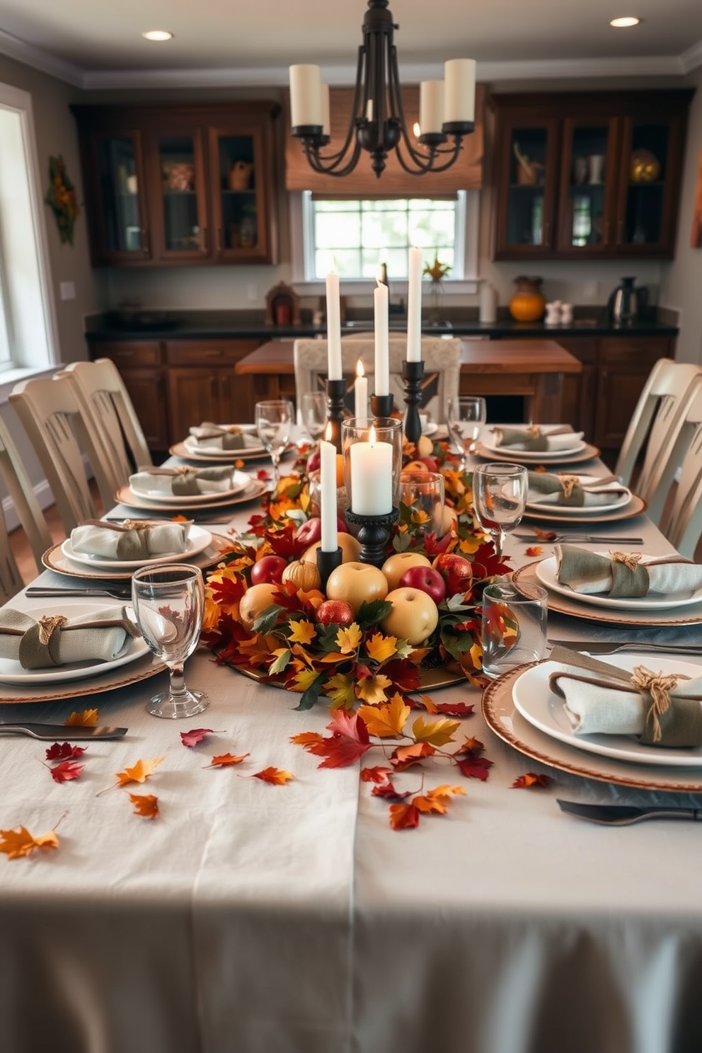 A beautifully set dining table adorned with autumn leaf accents. The table is draped with a rustic linen tablecloth, and each place setting features elegant dinnerware complemented by small, colorful leaves scattered across the table. In the center, a stunning centerpiece of seasonal fruits and candles adds warmth to the atmosphere. Soft, ambient lighting enhances the cozy feel of the Thanksgiving kitchen, creating an inviting space for family gatherings.