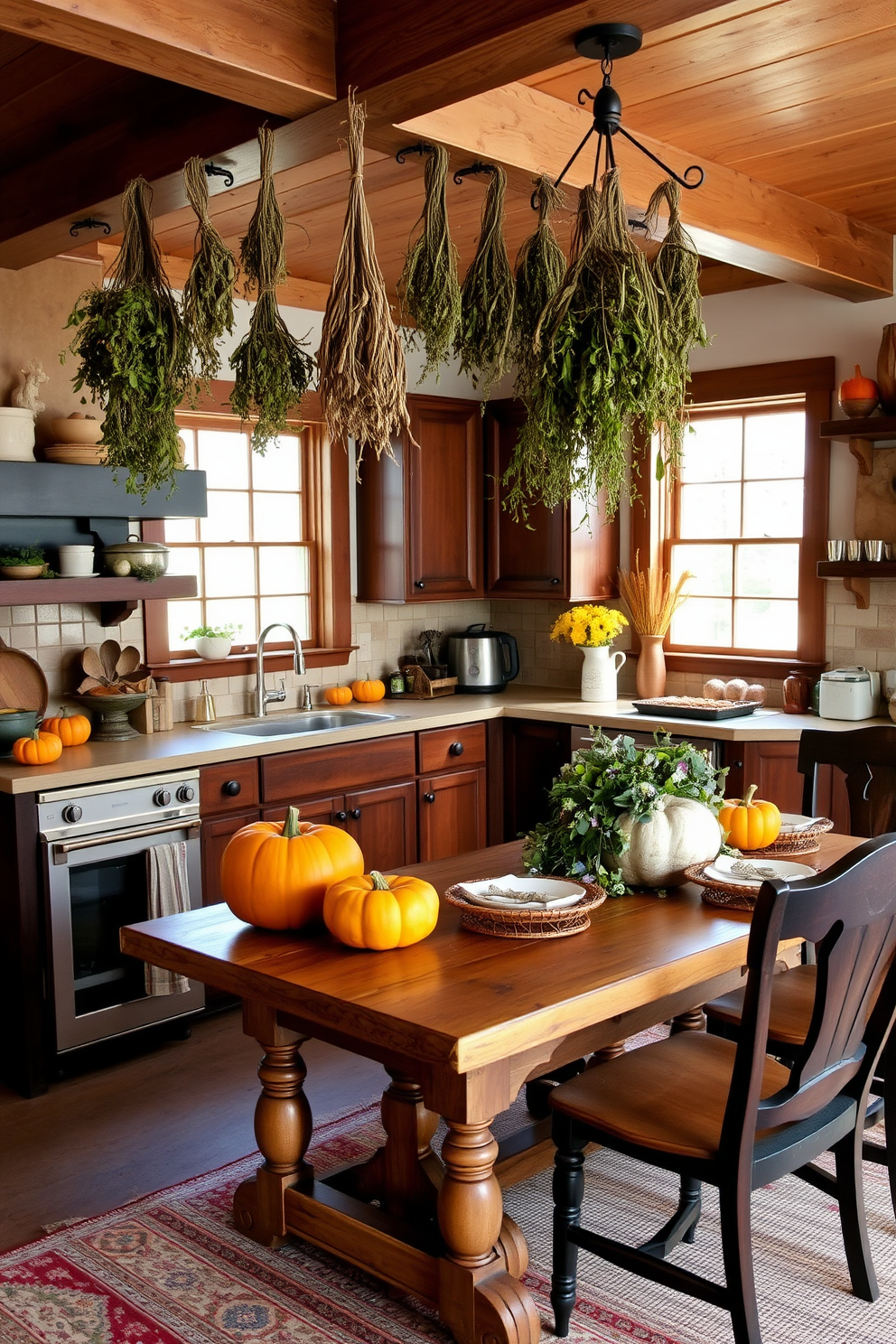 A cozy kitchen adorned with hanging dried herbs creates a rustic ambiance perfect for Thanksgiving. The herbs dangle from wooden beams, infusing the space with earthy aromas and charm. Warm, autumnal colors dominate the decor, with pumpkins and gourds artfully arranged on the countertops. A wooden farmhouse table is set with seasonal tableware, inviting family and friends to gather and celebrate.