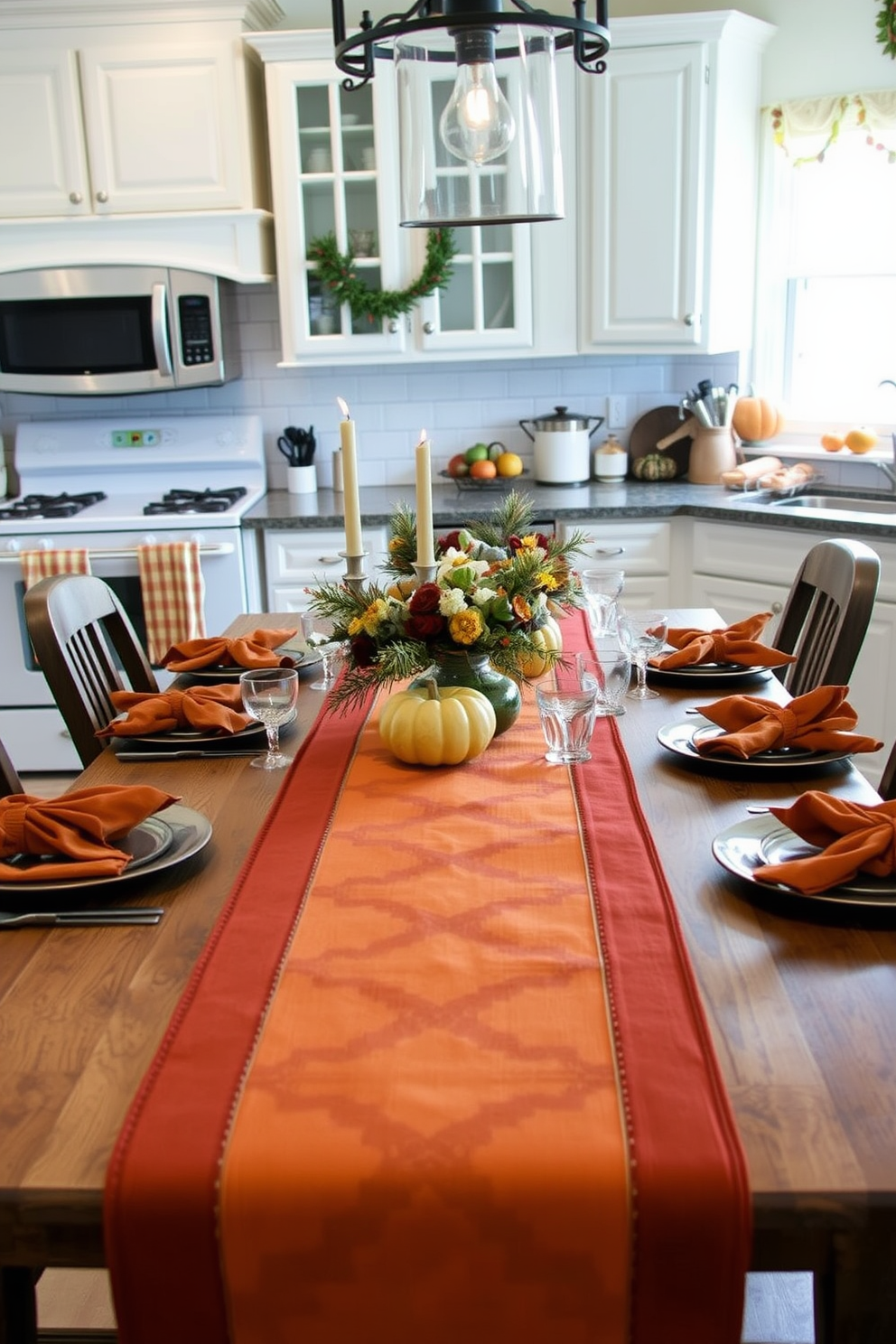 A cozy kitchen setting adorned for Thanksgiving. The table is beautifully set with a warm-colored table runner and matching napkins, complemented by rustic wooden dishes and seasonal decorations.