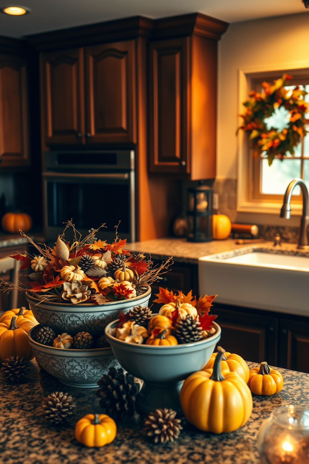 A warm and inviting kitchen filled with the essence of autumn. Decorative bowls overflowing with seasonal potpourri are placed on the countertop, surrounded by small pumpkins and pinecones. The kitchen features rich wooden cabinets and a rustic farmhouse sink. Soft golden lighting enhances the cozy atmosphere, creating a perfect setting for Thanksgiving gatherings.