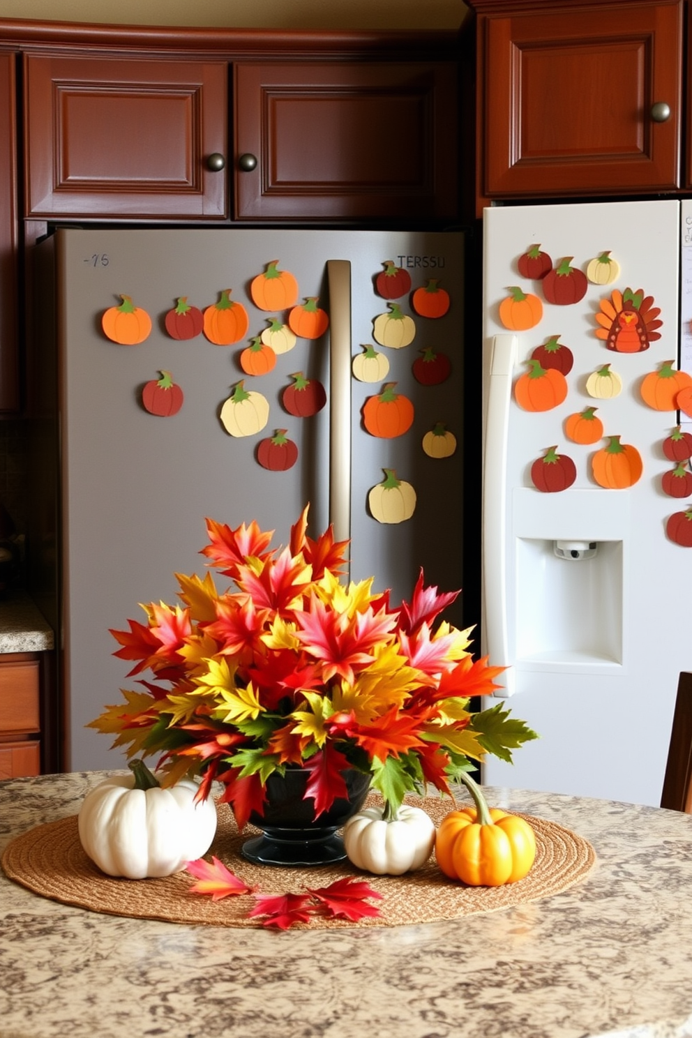 A cozy kitchen adorned with DIY Thanksgiving-themed fridge magnets. The fridge is decorated with colorful magnets shaped like pumpkins and turkeys, adding a festive touch to the space. The countertops are lined with autumn-inspired decor, including small gourds and a centerpiece of vibrant fall leaves. Warm, earthy tones dominate the kitchen, creating an inviting atmosphere for holiday gatherings.