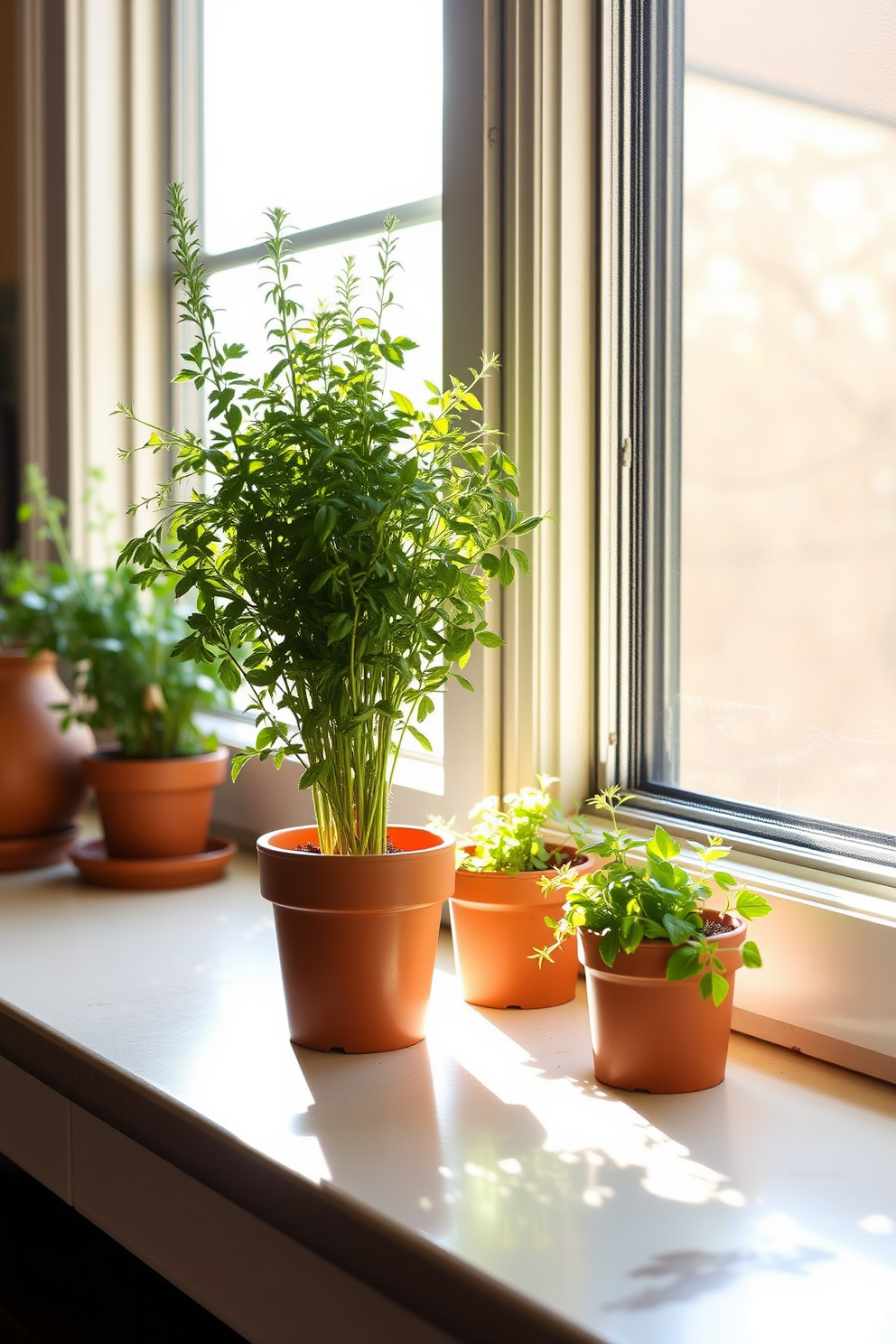 A cozy kitchen adorned with fresh herbs in small pots placed on the windowsill. The warm sunlight filters through the window, highlighting the vibrant green of the herbs and creating a welcoming atmosphere for Thanksgiving celebrations.