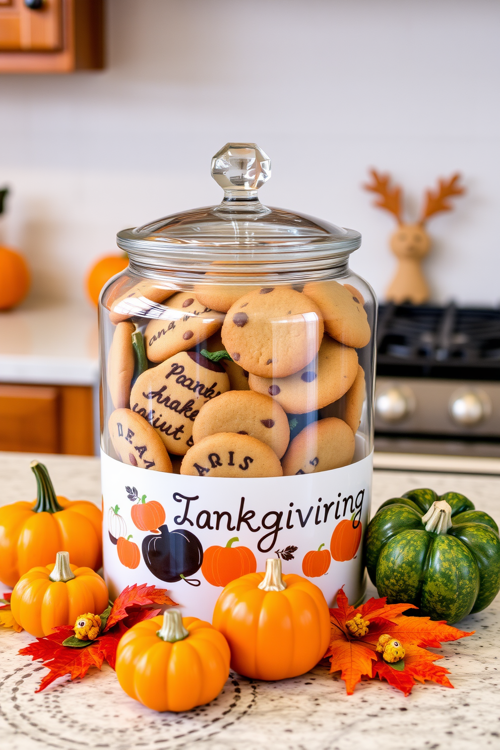 A charming Thanksgiving-themed cookie jar sits prominently on the kitchen counter filled with an assortment of festive cookies. Surrounding the jar, warm autumn decorations like mini pumpkins and colorful leaves create a cozy holiday atmosphere.