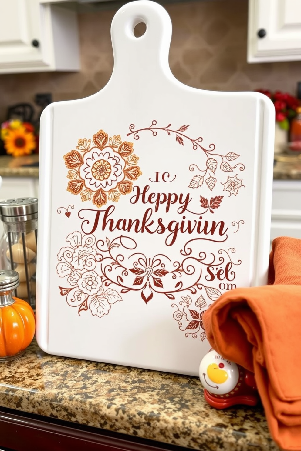 A decorative cutting board is displayed prominently on the kitchen counter featuring intricate seasonal designs that celebrate Thanksgiving. Surrounding the cutting board are autumn-themed kitchen accessories such as pumpkin-shaped salt and pepper shakers and fall-colored dish towels.