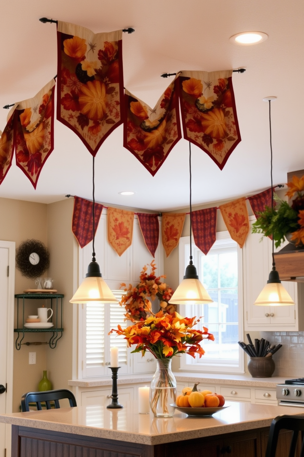 Fall inspired fabric banners hang gracefully above a beautifully decorated kitchen. The banners feature rich autumn colors and patterns, enhancing the warm ambiance of the space.