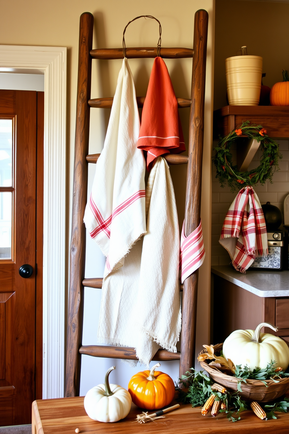 A rustic wooden ladder leans against a wall in a cozy kitchen, adorned with neatly hung kitchen towels in warm autumn colors. Surrounding the ladder are decorative elements like small pumpkins, dried corn, and seasonal greenery, creating a festive Thanksgiving atmosphere.