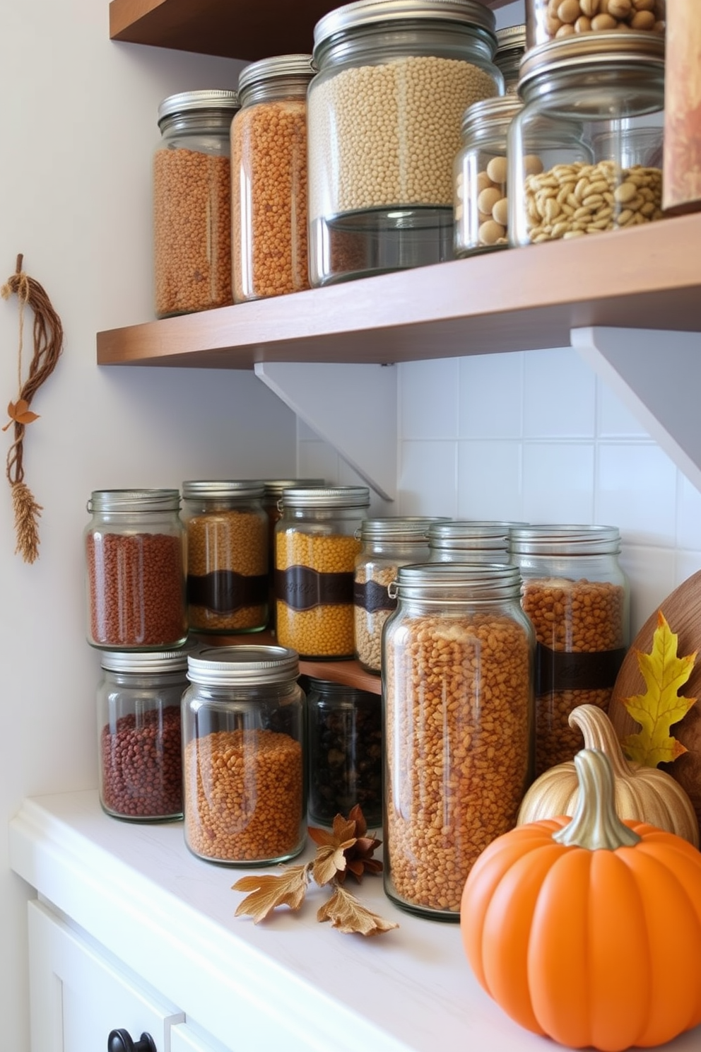 A warm and inviting kitchen adorned with glass jars filled with layered colored grains in various shades of brown, orange, and yellow. The jars are neatly arranged on open wooden shelves, complemented by rustic wooden accents and autumn-themed decorations.