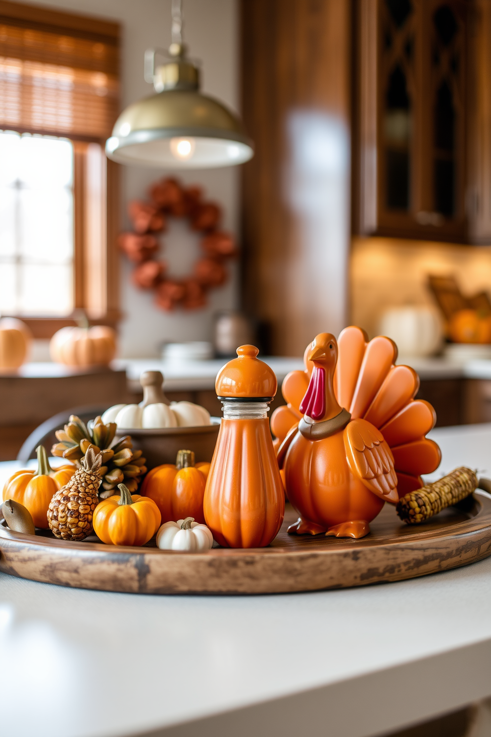 Thanksgiving-themed salt and pepper shakers are designed in the shape of pumpkins and turkeys, bringing a festive touch to your dining table. The vibrant orange and earthy tones complement the warm atmosphere of a Thanksgiving gathering. In the kitchen, a rustic wooden tray displays the salt and pepper shakers alongside autumn-themed decor such as small gourds and dried corn. Soft, ambient lighting enhances the cozy vibe, making the space inviting for family and friends.