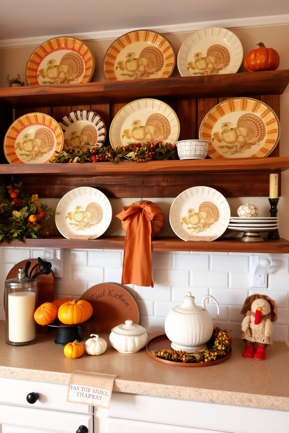 A charming kitchen adorned with vintage turkey platters displayed on rustic wooden shelves. The warm, inviting atmosphere is enhanced by autumn-themed decorations and soft lighting that creates a cozy Thanksgiving ambiance.