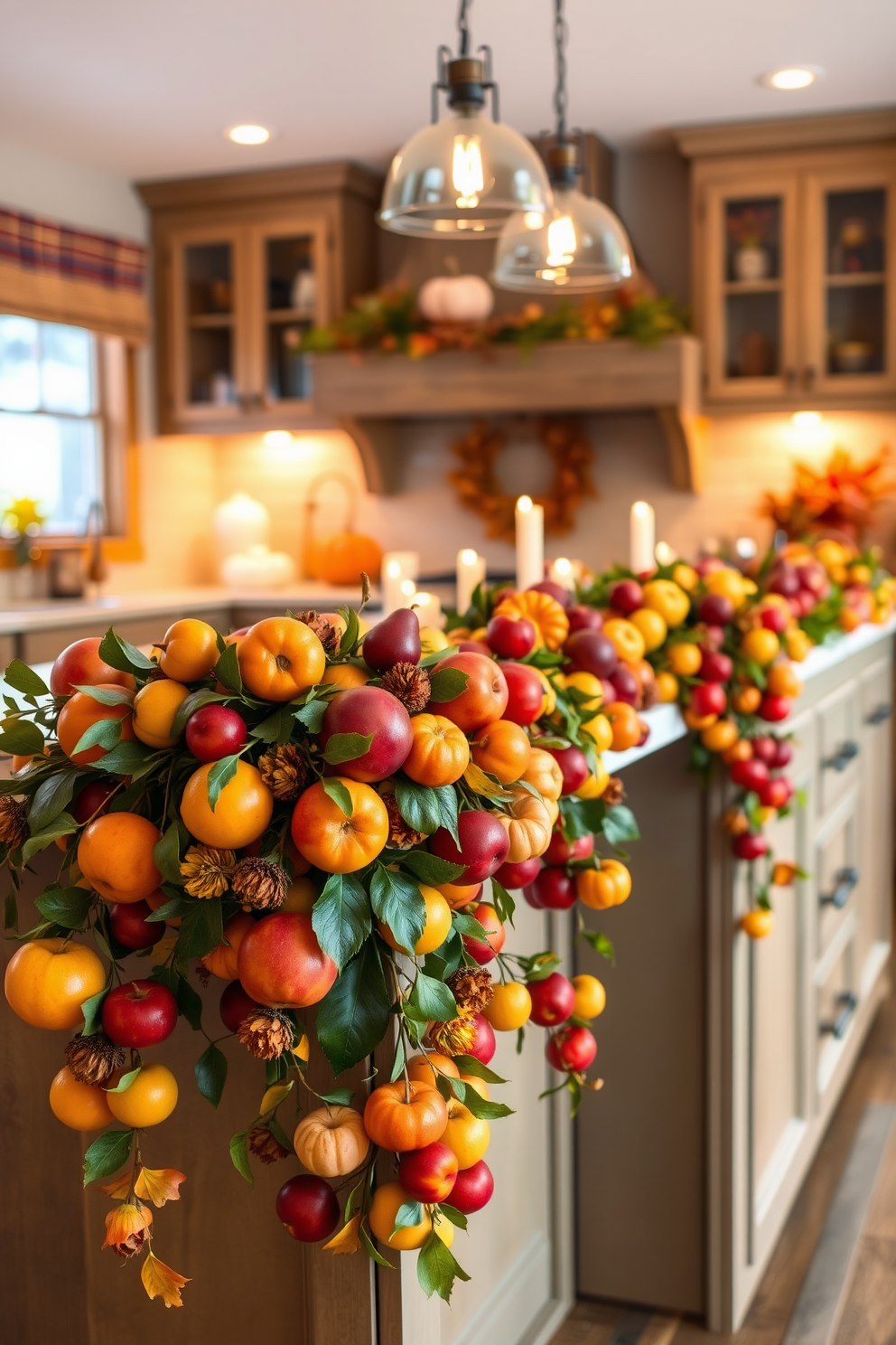 A vibrant seasonal fruit garland adorns the kitchen, showcasing an array of colorful fruits such as apples, oranges, and pears intertwined with greenery. The garland drapes elegantly across the kitchen island, creating a warm and inviting atmosphere perfect for Thanksgiving celebrations. In the background, a rustic wooden table is set with autumn-themed decor, including small pumpkins and candles. The warm glow from the pendant lights above enhances the cozy ambiance, making the kitchen a focal point for family gatherings.