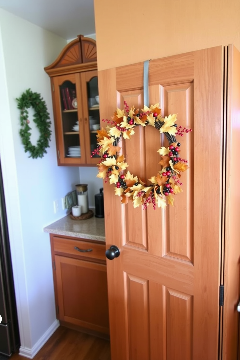 A charming kitchen adorned for Thanksgiving. A seasonal wreath made of autumn leaves and berries hangs on the door, complementing the warm tones of the wooden cabinetry and the rustic decor.