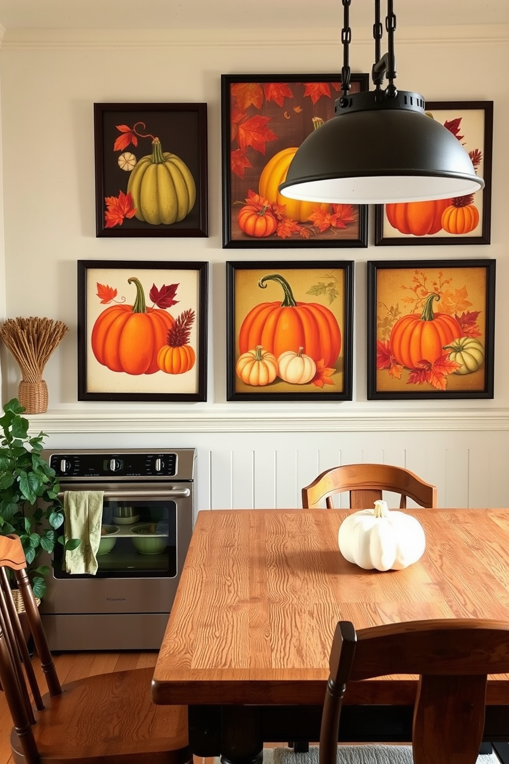 A cozy kitchen adorned with harvest-themed wall art featuring vibrant pumpkins, gourds, and autumn leaves. The prints are arranged in a gallery style above a rustic wooden dining table, enhancing the warm and inviting atmosphere for Thanksgiving gatherings.