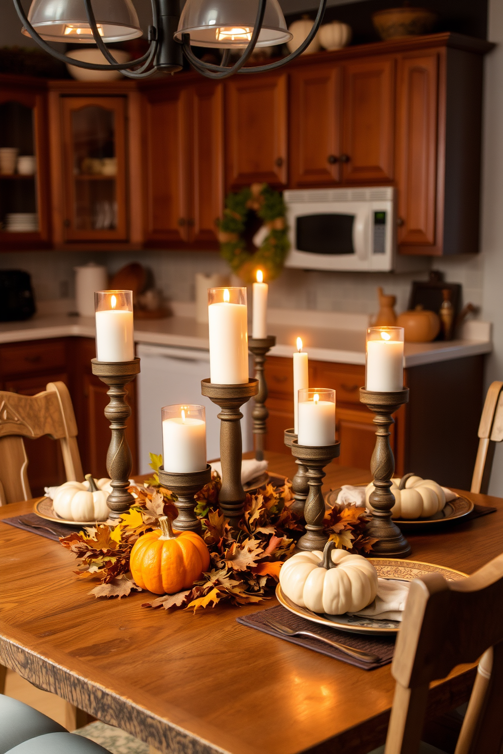 A cozy kitchen scene adorned with rustic candle holders that create a warm ambiance. The wooden dining table is set with seasonal decorations, featuring pumpkins and autumn leaves, enhancing the Thanksgiving spirit.