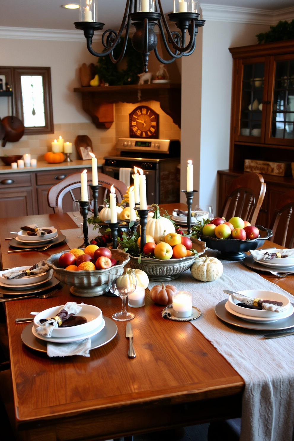 A warm and inviting kitchen setting adorned for Thanksgiving. The centerpiece is a large wooden table set with decorative bowls filled with seasonal fruits like pumpkins, apples, and pears, surrounded by rustic place settings and soft candlelight.